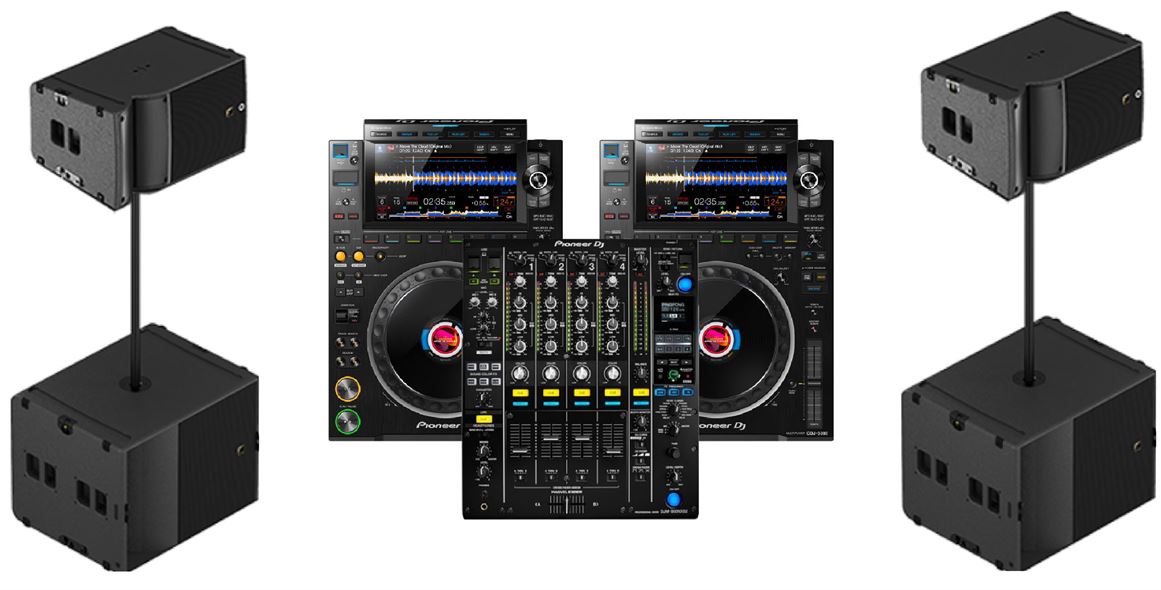 Pioneer CDJ-3000 pair with DJM-900NXS2 mixer and L-Acoustics A10 Wide tops on KS21 subwoofers