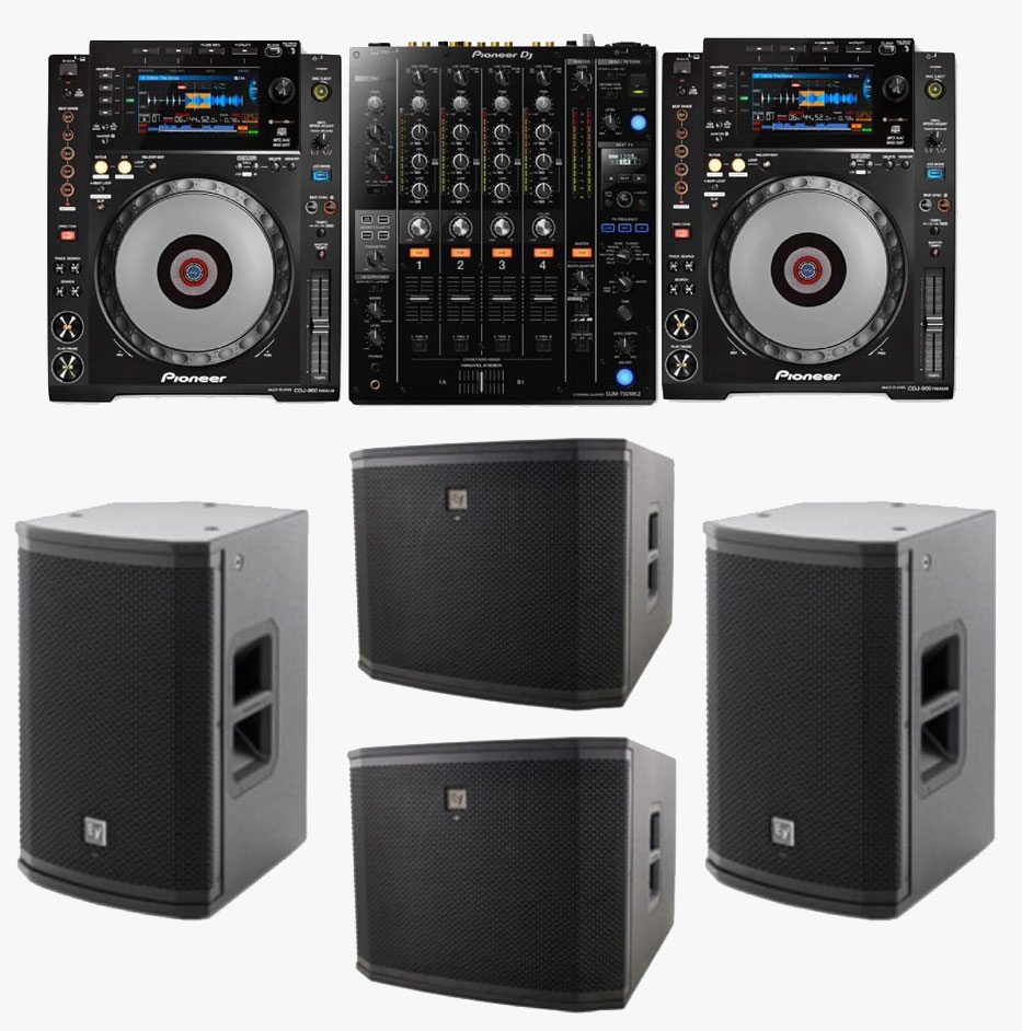 Pioneer CDJ-2000 Nexus players with a DJM-900 Nexus mixer and Electro-Voice ZLX-15 tops and ETX-15SP subwoofers
