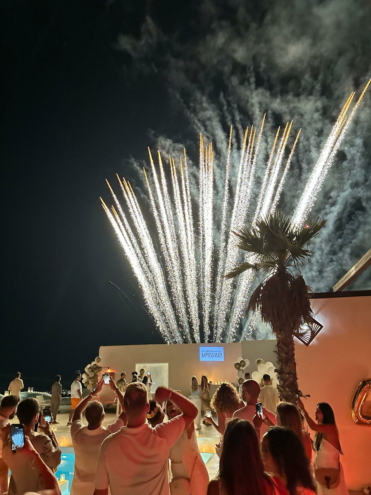 Fireworks bursting over palm trees at a Mykonos wedding party at night