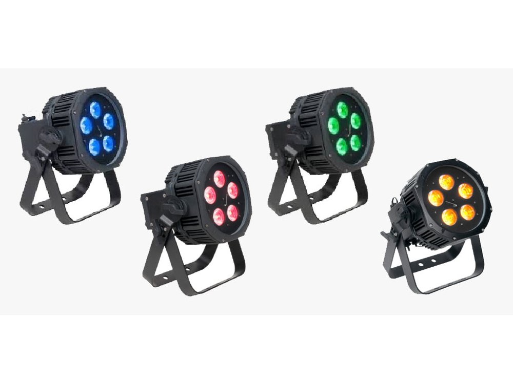ADJ WiFLY EXR QA5 IP65 battery-powered wireless LED PAR uplights in blue, red, green and amber for rent in Mykonos