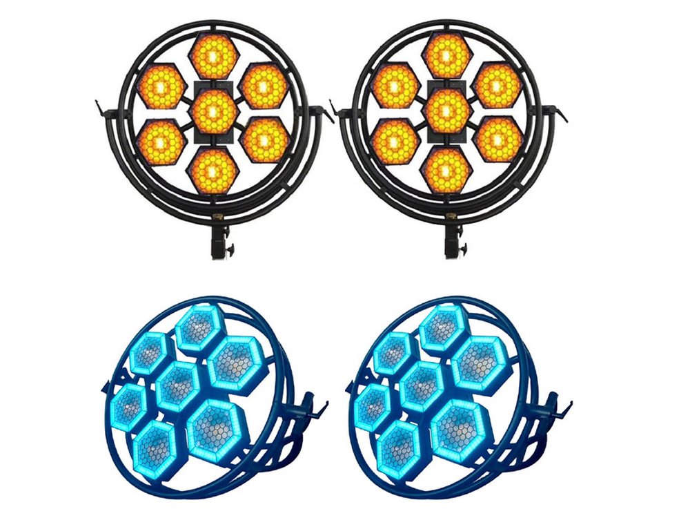 HALO HEXA LED pixel blight blinder fixtures in warm amber and blue for rent in Mykonos